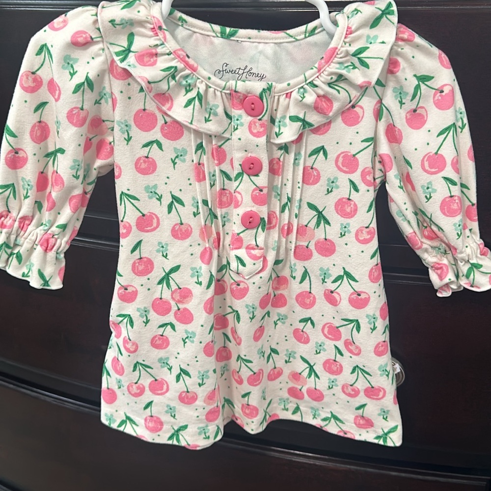 SweetHoney Cherry Print Dress  - Pink and Green